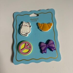 Charmed 4 Count Shoe Charms Cat Croissant Peace Sign Purple Bow for Clogs New